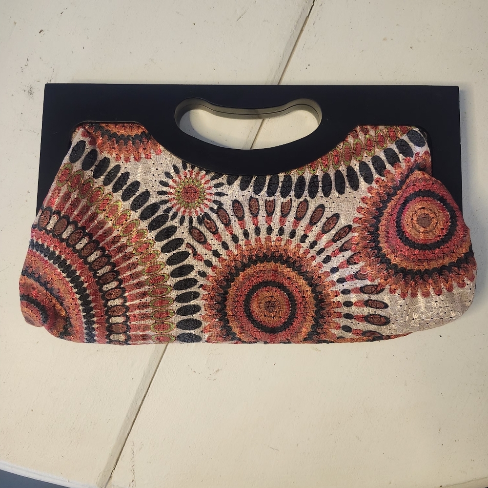Colorful Patterned Clutch with Black Handle